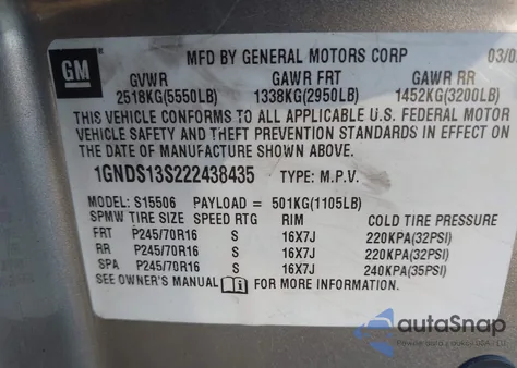 2002 Chevrolet Trailblazer Ls из США, поврежденный, VIN 1GNDS13S222438435